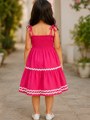 Fushia Smocked Rayon Printed Tiered Dress with Tie-Up Straps