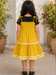 Mustard Smocked Rayon Printed Tiered Dress with Tie-Up Straps