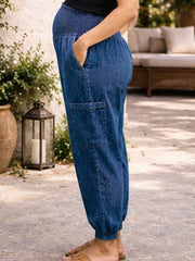 BLUE COTTON DENIM WOMEN'S MATERNITY SMOKED JOGGER
