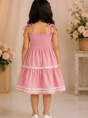 Pink Smocked Rayon Printed Tiered Dress with Tie-Up Straps