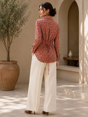 Women's Red Geo Print Cotton Shirt with Adjustable Back Tie-Up