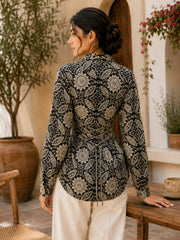 Women's Black Geo Print Cotton Shirt with Adjustable Back Tie-Up