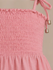 Pink Smocked Rayon Printed Tiered Dress with Tie-Up Straps