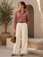 Women's Red Geo Print Cotton Shirt with Adjustable Back Tie-Up