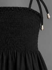 Black Smocked Rayon Printed Tiered Dress with Tie-Up Straps