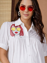 MATERNITY COTTON SHIRT DRESS WITH ARTISTIC EMBROIDERY
