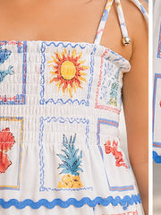 White & Blue Smocked Linen Viscose Printed Tiered Dress with Tie-Up Straps