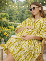 OLIVE TIE-DYE MATERNITY COTTON KAFTAN WITH FEEDING ZIPPER