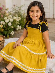 Mustard Smocked Rayon Printed Tiered Dress with Tie-Up Straps