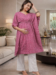 RED ZIG-ZAG PRINTED MATERNITY KAFTAN CO-ORD SET WITH SMOKED PAJAMA