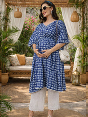 Blue Printed Maternity Kaftan Co-Ord Set with Smocked Pajama