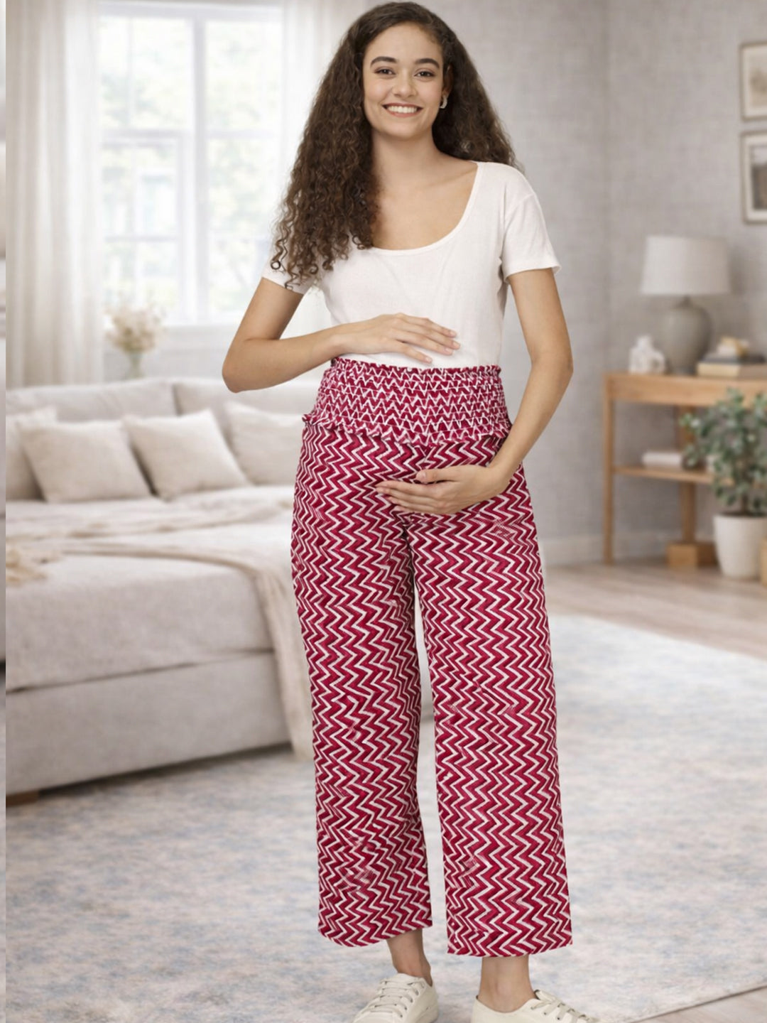 RED COTTON ZIG-ZAG WOMEN'S MATERNITY SMOKED BOTTOM