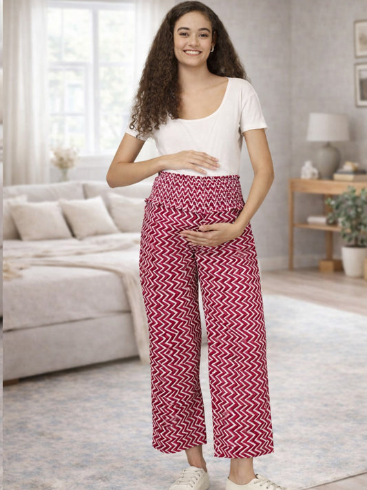 RED COTTON ZIG-ZAG WOMEN'S MATERNITY SMOKED BOTTOM
