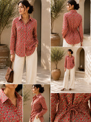 Women's Red Geo Print Cotton Shirt with Adjustable Back Tie-Up