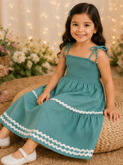 Green Smocked Rayon Printed Tiered Dress with Tie-Up Straps