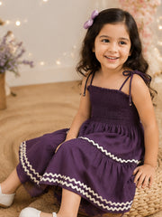 Purple Smocked Rayon Printed Tiered Dress with Tie-Up Straps