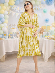 OLIVE TIE-DYE MATERNITY COTTON KAFTAN WITH FEEDING ZIPPER