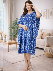 Blue Floral Maternity Cotton Kaftan with Feeding Zipper