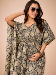 BLACK GEO MATERNITY COTTON KAFTAN WITH FEEDING ZIPPER