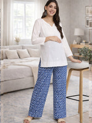 BLUE COTTON ZIG-ZAG WOMEN'S MATERNITY SMOKED BOTTOM