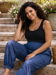 BLUE COTTON DENIM WOMEN'S MATERNITY SMOKED JOGGER