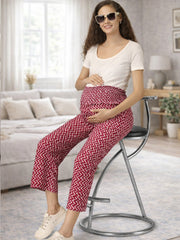 RED COTTON ZIG-ZAG WOMEN'S MATERNITY SMOKED BOTTOM