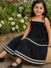 Black Smocked Rayon Printed Tiered Dress with Tie-Up Straps