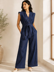 LINDA DARK INDIGO DENIM SLEEVELESS WIDE LEG JUMPSUIT