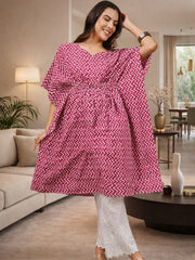 RED ZIG-ZAG PRINTED MATERNITY KAFTAN CO-ORD SET WITH SMOKED PAJAMA