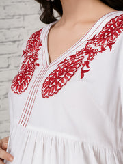 White & Red Floral Embroidered Maternity Dress