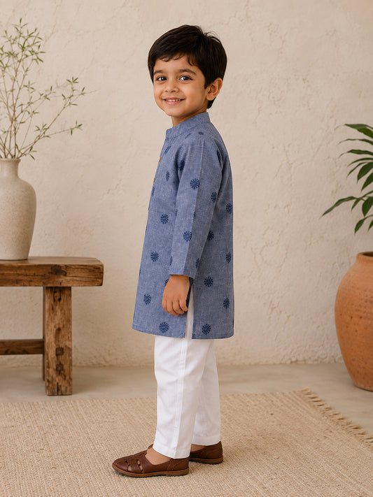 Side view of boy wearing blue printed kurta pajama set with mandarin collar