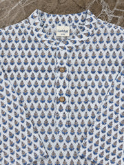 Blue floral printed baby kurta fabric and wooden button detail