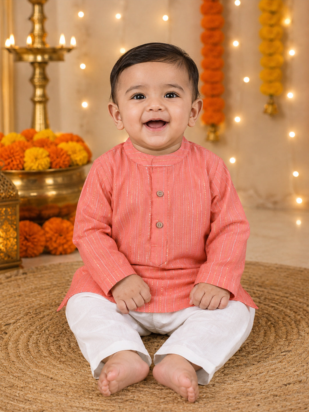 A smiling baby boy sitting on a woven jute rug, wearing a peach-pink kurta with thin vertical stripes and white pants, set against a decorated festive background with marigold garlands and warm string lights.