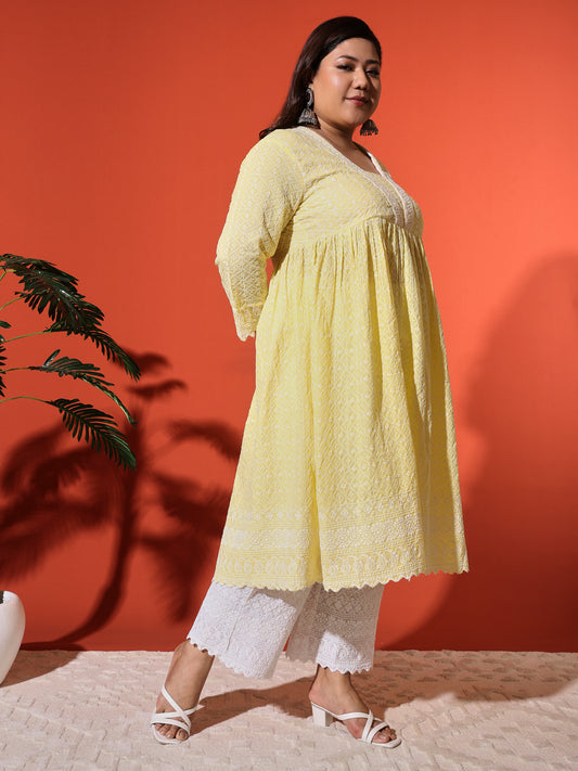 Women's Plus Size Yellow Cotton Blend Chikankari Co-Ord Set