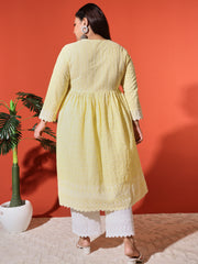 Women's Plus Size Yellow Cotton Blend Chikankari Co-Ord Set