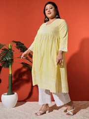 Women's Plus Size Yellow Cotton Blend Chikankari Co-Ord Set