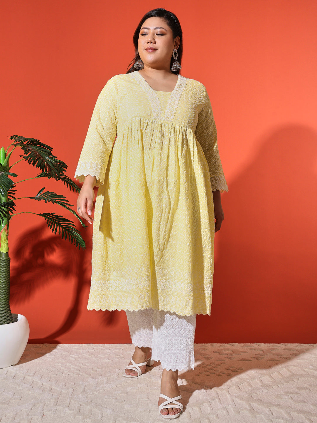 Women's Plus Size Yellow Cotton Blend Chikankari Co-Ord Set